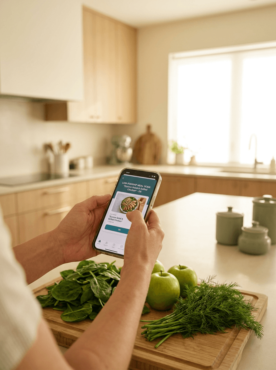 A person scanning a meal with the Phase app in a sunlit kitchen