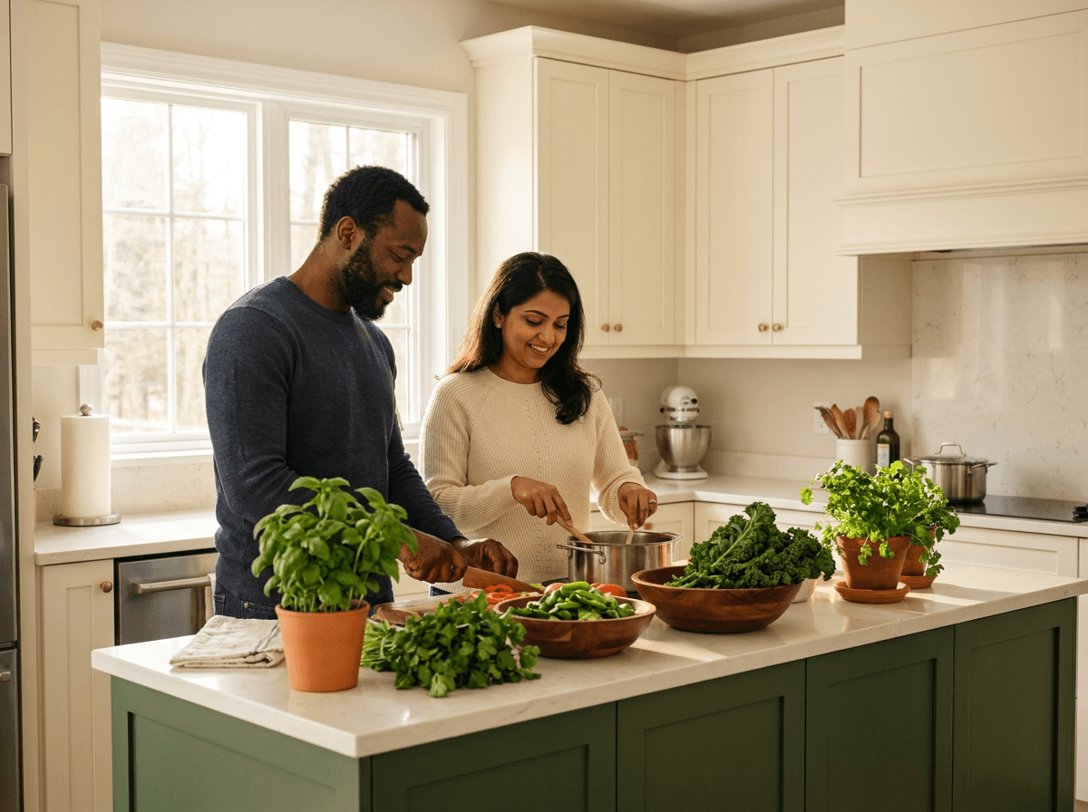 Two people cooking together in a sunlit kitchen