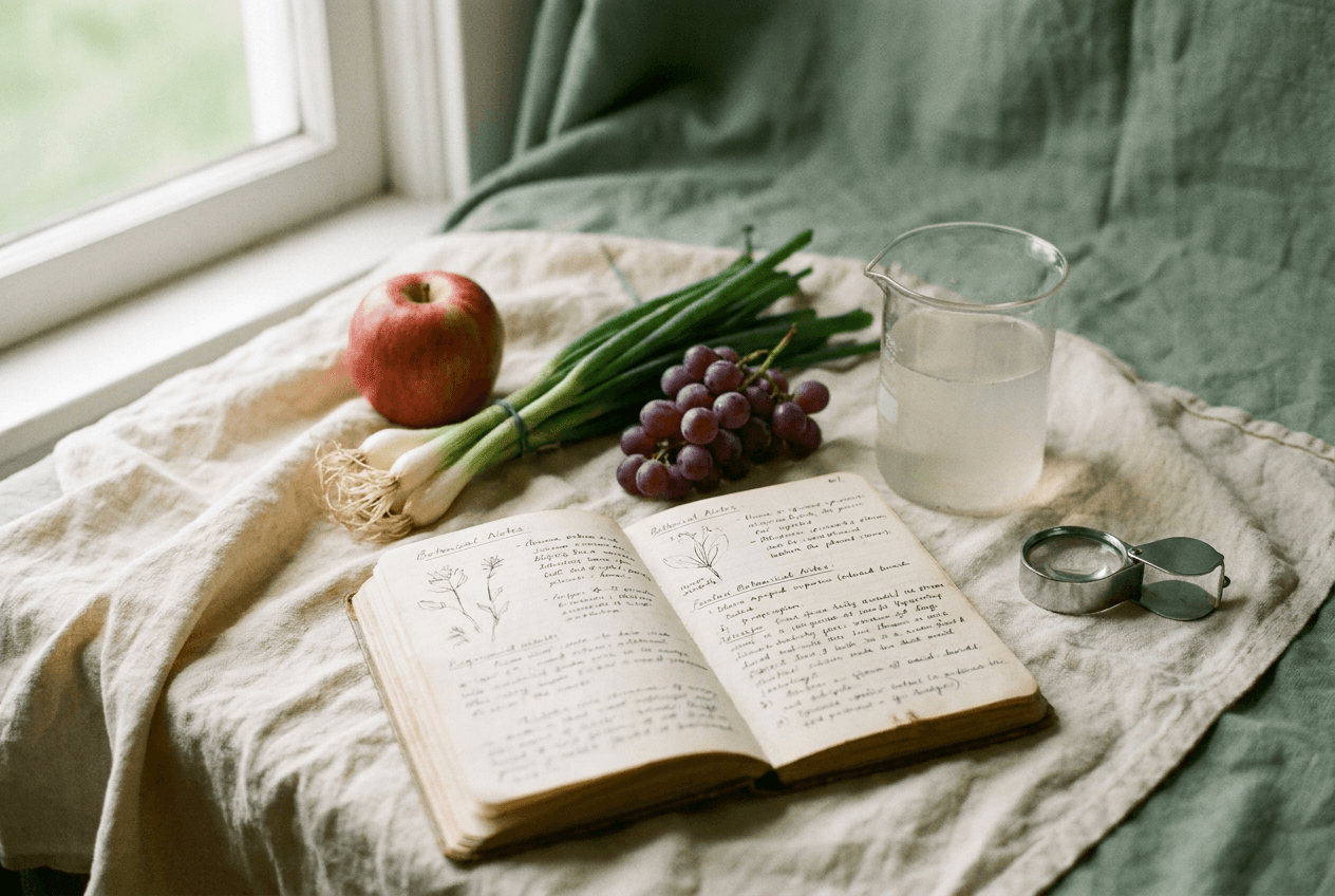 A research notebook beside fresh apple, spring onions and grapes in soft natural light