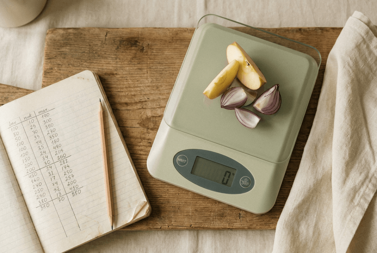 Apple and red onion pieces on a kitchen scale beside a notebook of measured values