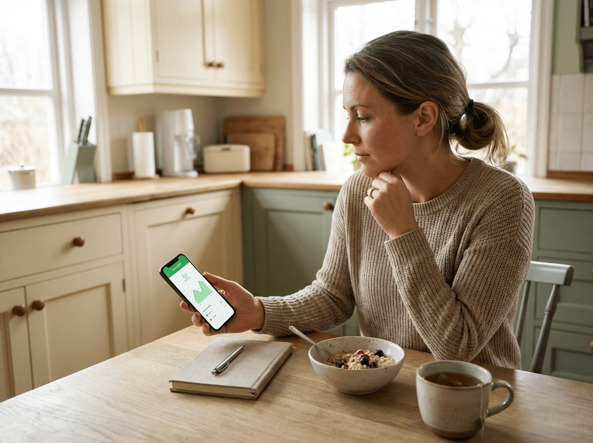 Reviewing personal symptom and meal data in the Phase app at a sunlit kitchen table